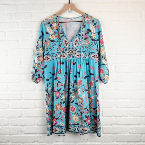 Aqua Blue Floral Knee length dress Tassel Ties Elastic Cuff Puff Sleeves Medium - Picture 1 of 7